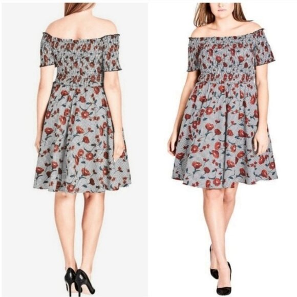 City Chic Poppy Floral Gingham Plaid Smocked Off-the-Shoulder A-Line Dress 24 - Picture 10 of 10